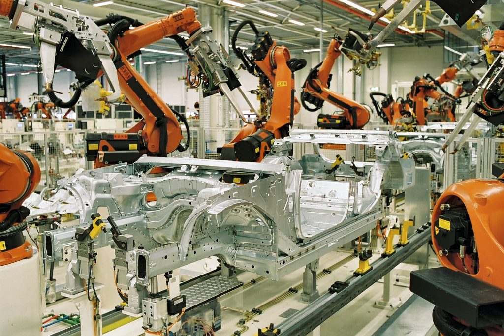 Spotwelding Robots spotwelding the BMW 3 Series at the BMW plant in Leipzig.